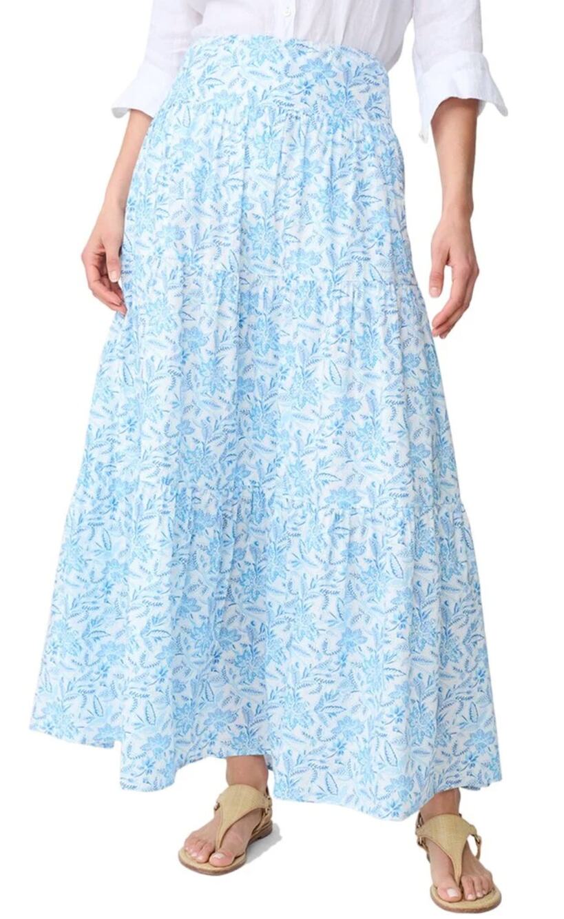 J.McLaughlin Ophelia Smocked Cotton Voile Floral Print Tiered Maxi Skirt Blue